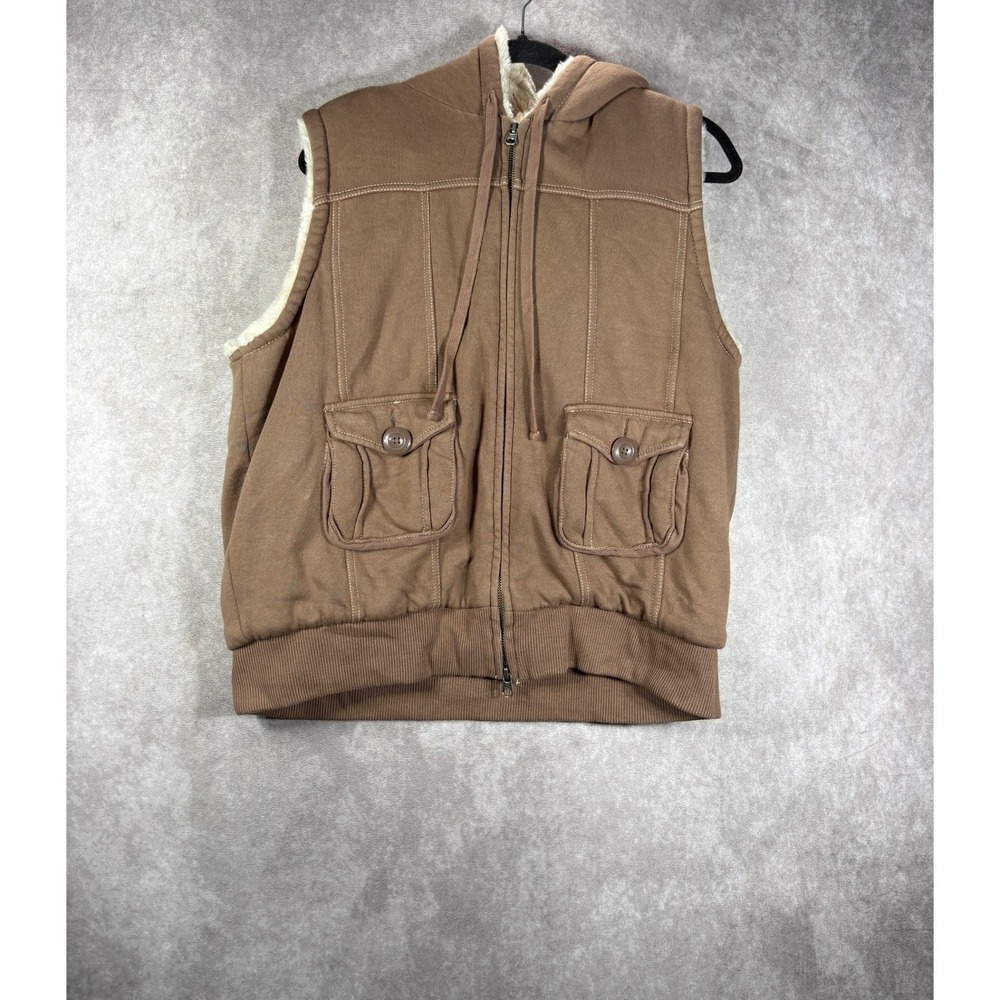 GAP Vest Women L Brown Faux Fur Lined Hooded Cargo Pocket Gorpcore Utility Y2K